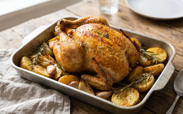 Frango assado com batatas e ervas, suculento e dourado